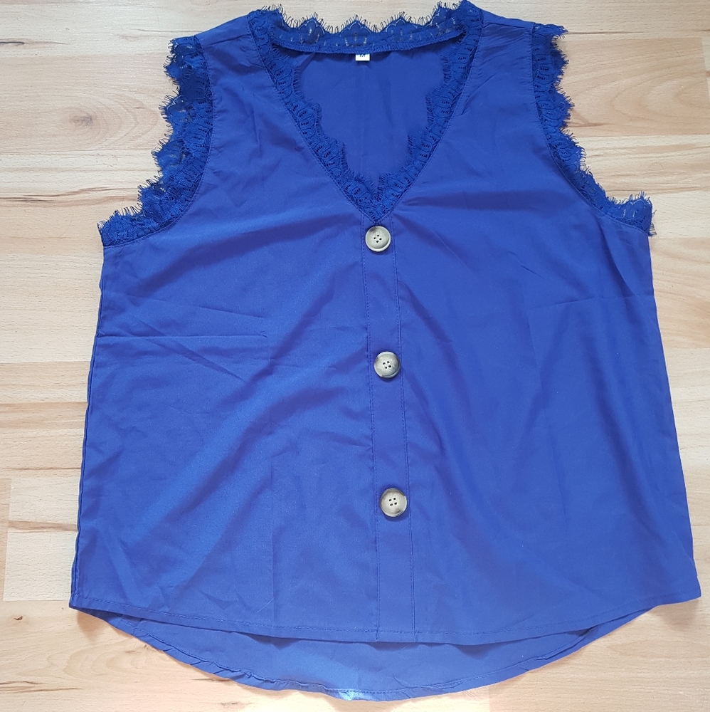 Blue Lace Trim Button-Front Sleeveless Top